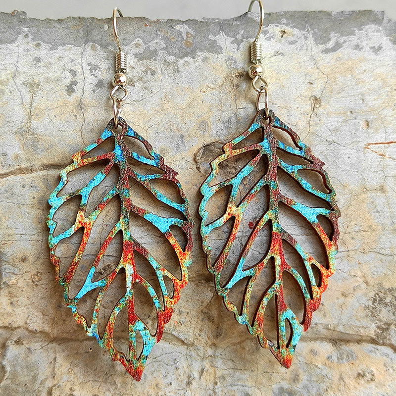 Wholesale Colorful Bohemian retro distressed hollow leaf wood earrings
